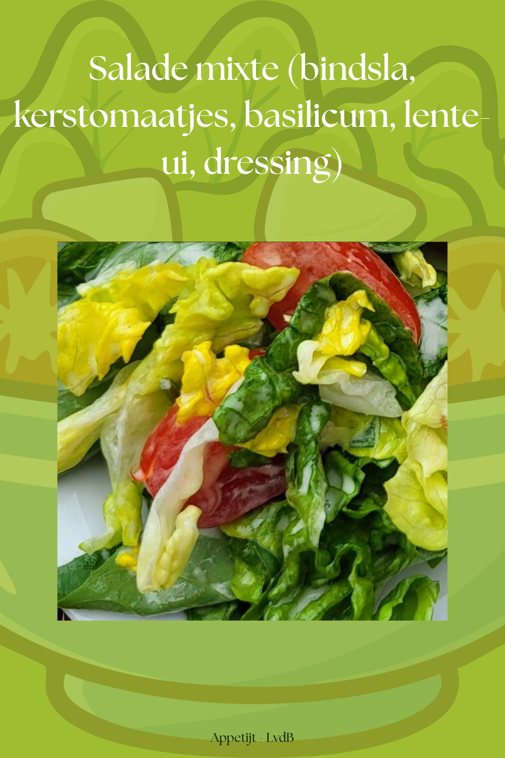 Salade mixte 9bindsla, kerstomaatjes, basilicum, lente-ui, dressing)