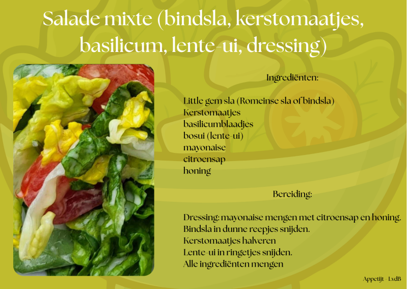Salade mixte (bindsla, kerstomaatjes, basilicum, lente-ui, dressing)