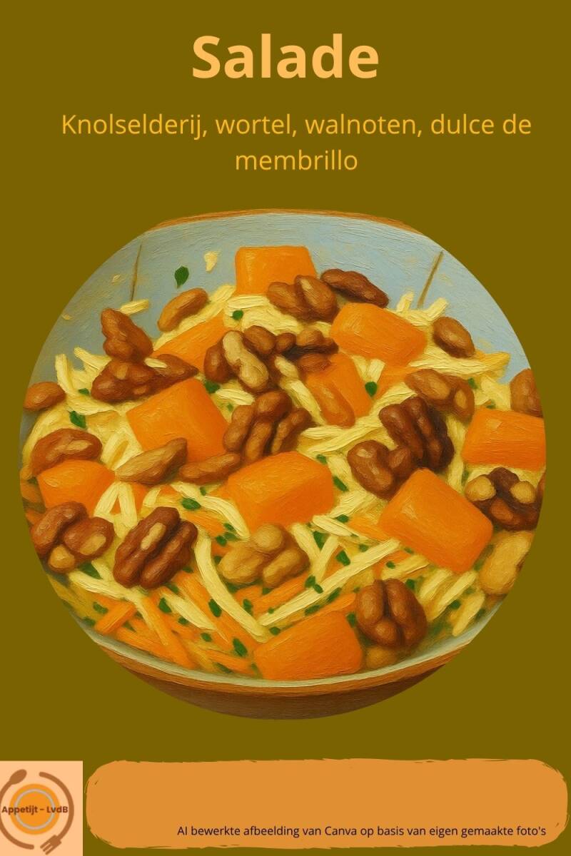 Salade van knolselderij en wortel met walnoten en dulce de membrillo