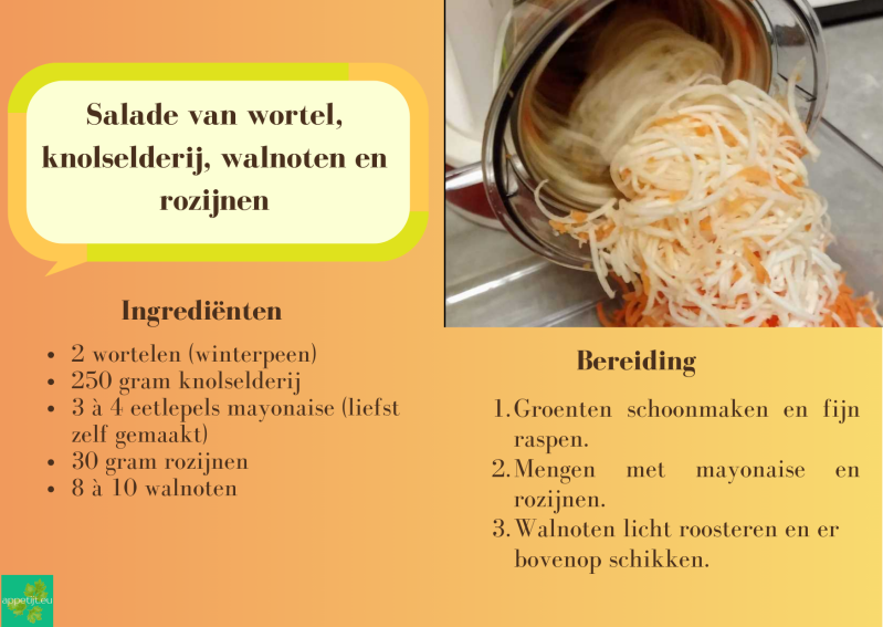 Salade van wortel, knolselderij, walnoten en rozijnen