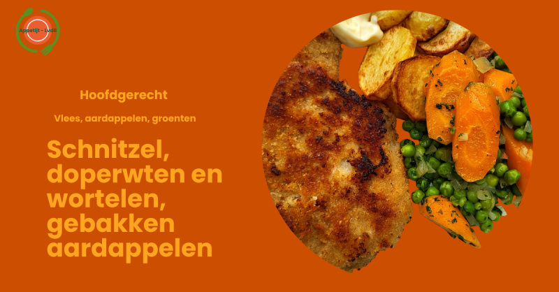 Schnitzel, doperwten en wortelen, gebakken aardappelen, hoofdgerecht vlees, aardappelen en groenten