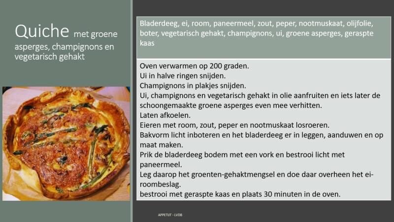 Recept quiche met groene asperges, champignons en vegetarisch gehakt