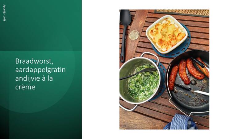 Braadworst, aardappelgratin, andijvie à la crème
