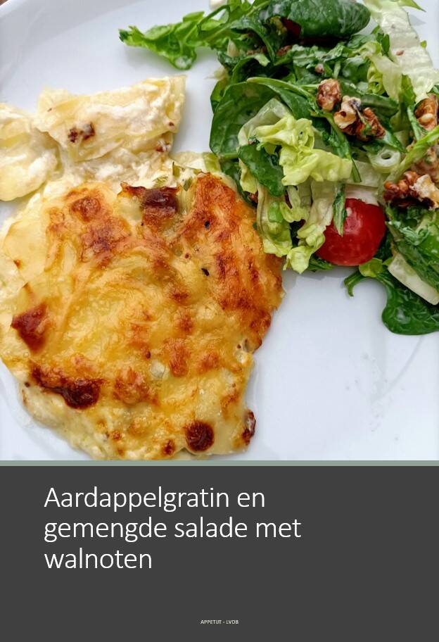 Aardappelgratin en gemengde salade met walnoten