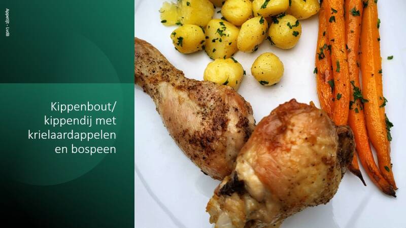 Kippenbout/ kippendij met krielaardappelen en bospeen