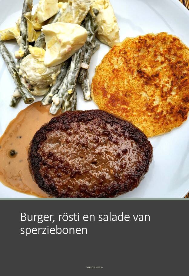 Burger, rösti, salade van sperziebonen