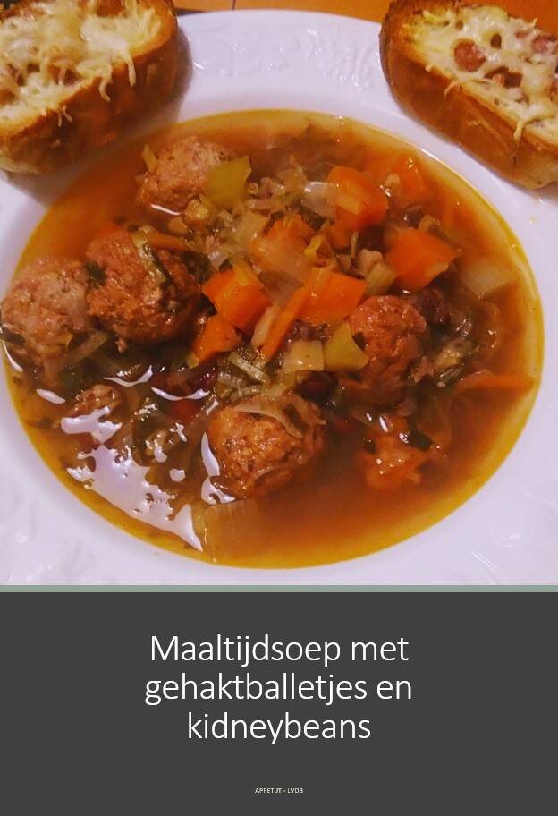 Maaltijdsoep met kidneybeans en gehaktballetjes + spek-kaasbroodjess