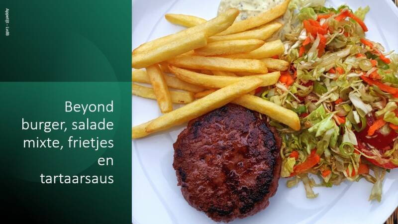Beyond burger, salade mixte, frietjes en tartaarsaus