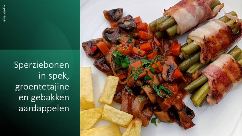 Sperziebonen in spek, groentetajine en gebakken aardappels