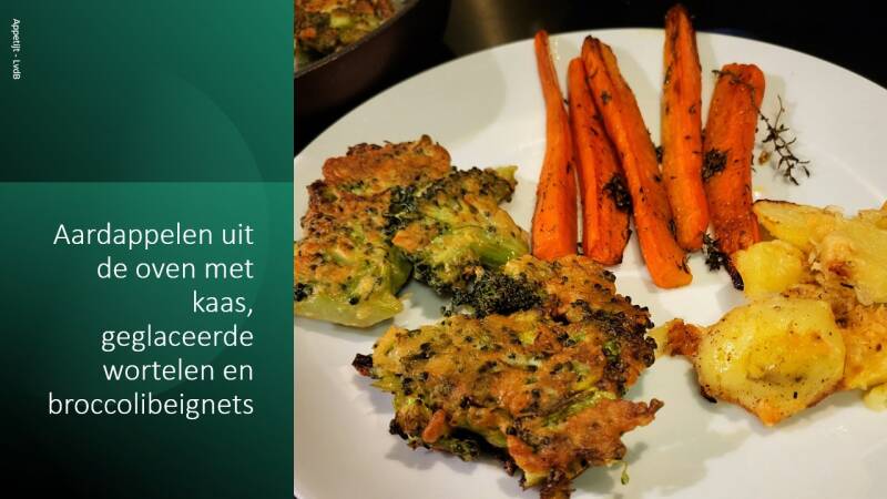 Aardappelen uit de oven met kaas, geglaceerde wortelen en broccolibeignets