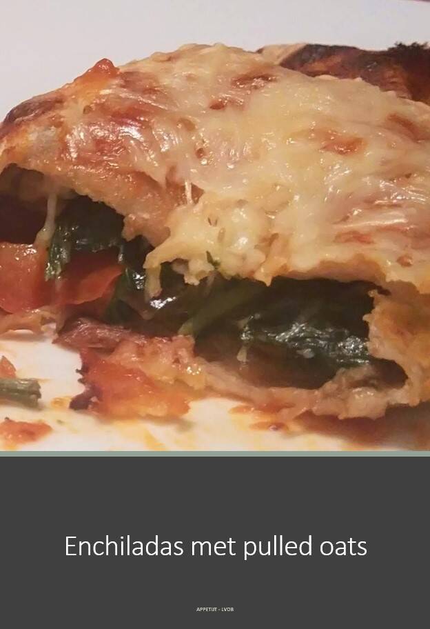 Enchiladas met pulled oats, paprika, aubergine, spinazie en feta