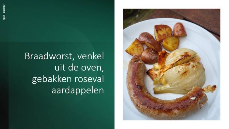 Braadworst, venkel uit de oven, gebakken roseval aardappelen