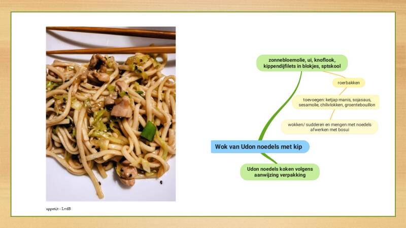 wok van udon noedels met kip