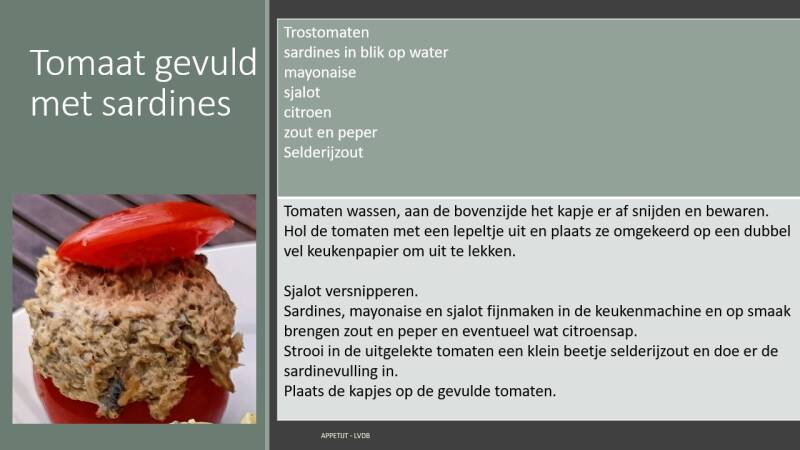 Receptfiche tomaat gevuld met sardines en aardappelsalade