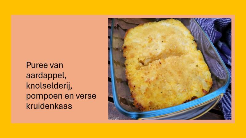 Puree van aardappel, knolselderij, pompoen en verse kruidenkaas