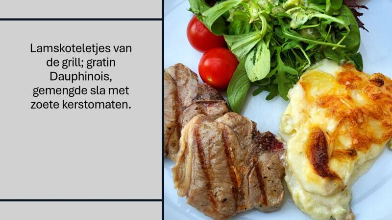 Lamskoteletjes van de grill,  gratin Dauphinois, gemengde sla met zoete kerstomaten