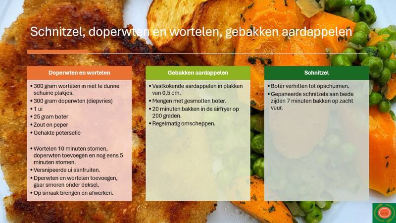 Schnitzel, doperwten en wortelen, gebakken aardappelen