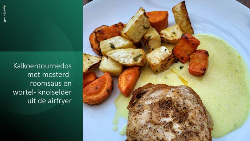 Kalkoentournedos met mosterd-roomsaus en wortel- knolselder uit de airfryer