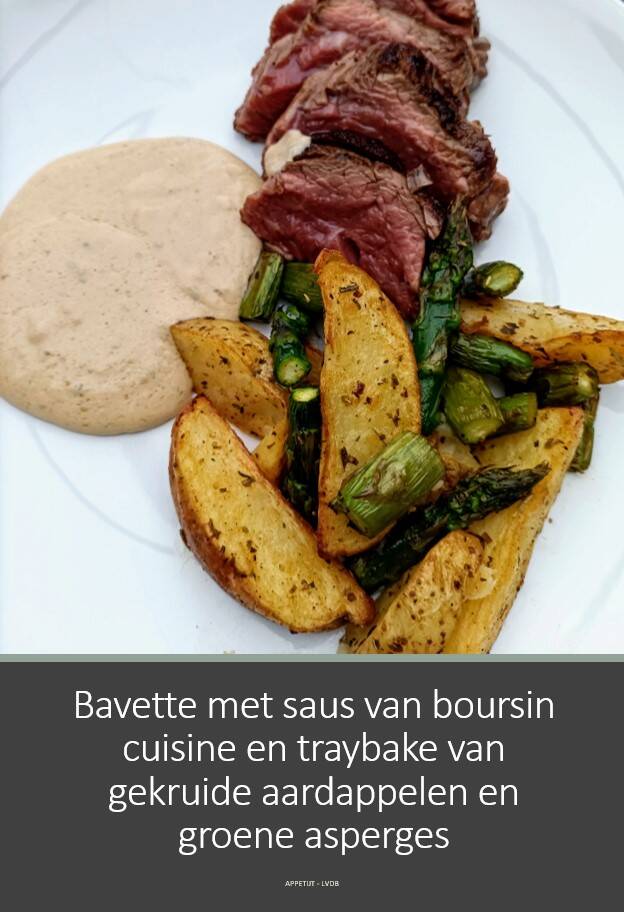 Bavette met saus van Boursin cuisine en traybake van gekruide aardappelen en groene asperges