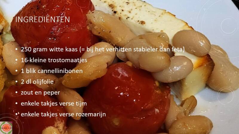 Cannellinibonen met trostomaatjes en witte kaas in kruidenolie uit de oven - ingrediënten