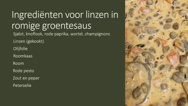 Ingrediénten voor linzen in romige groentesaus