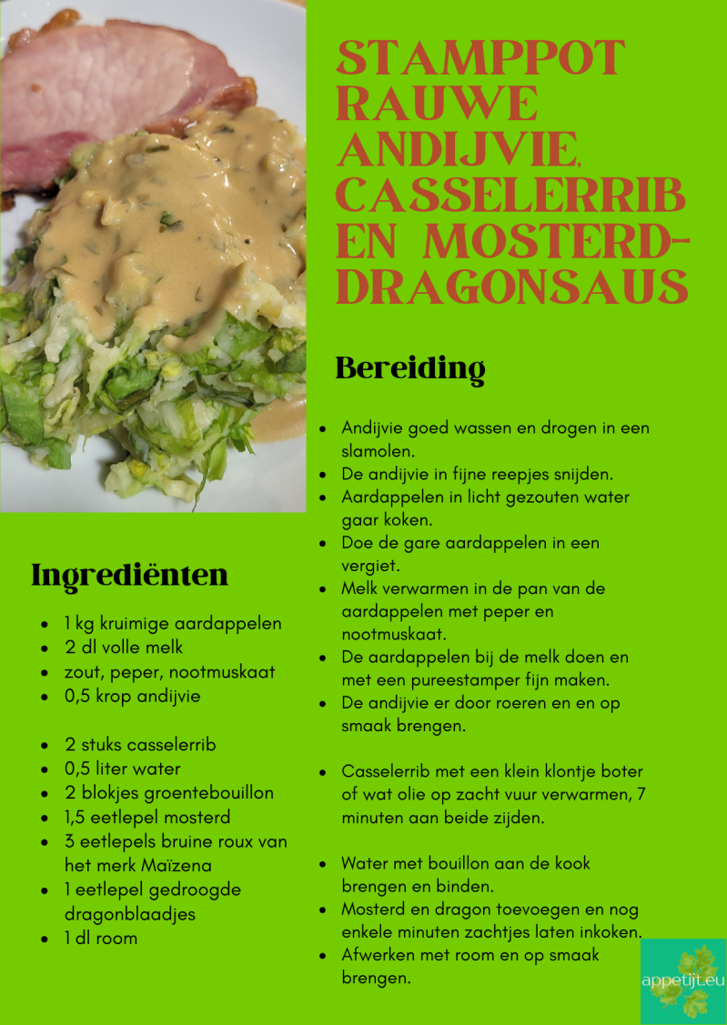 Stamppot rauwe andijvie, casselerrib en mosterd-dragonsaus