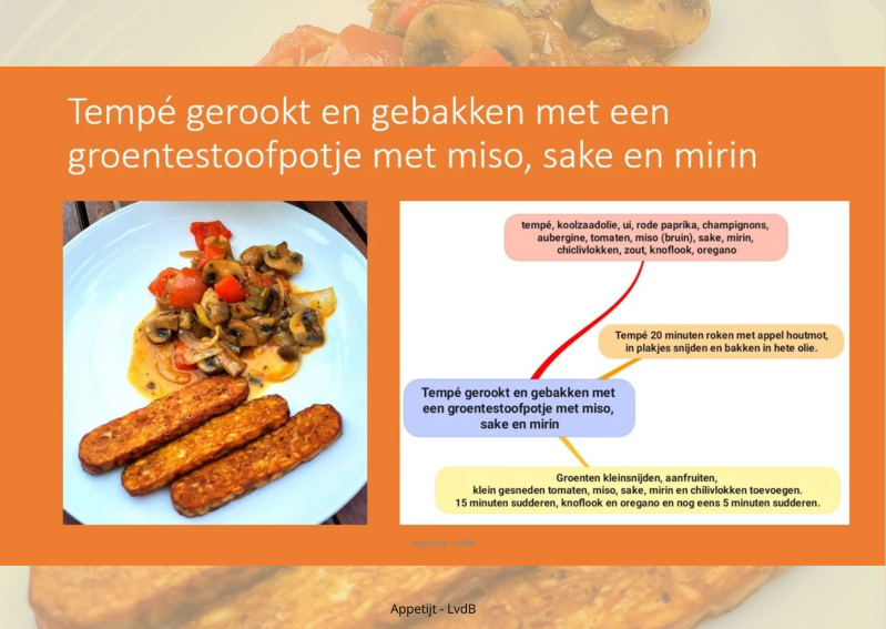 Tempé gerookt en gebakken met een groentestoofpotje met miso, sake en mirin