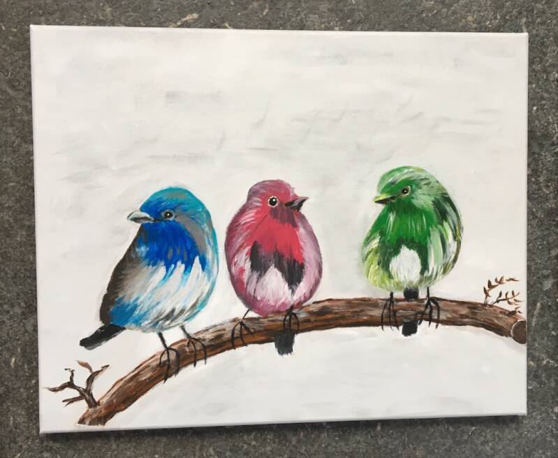 3 vogels op tak blauw roze groen