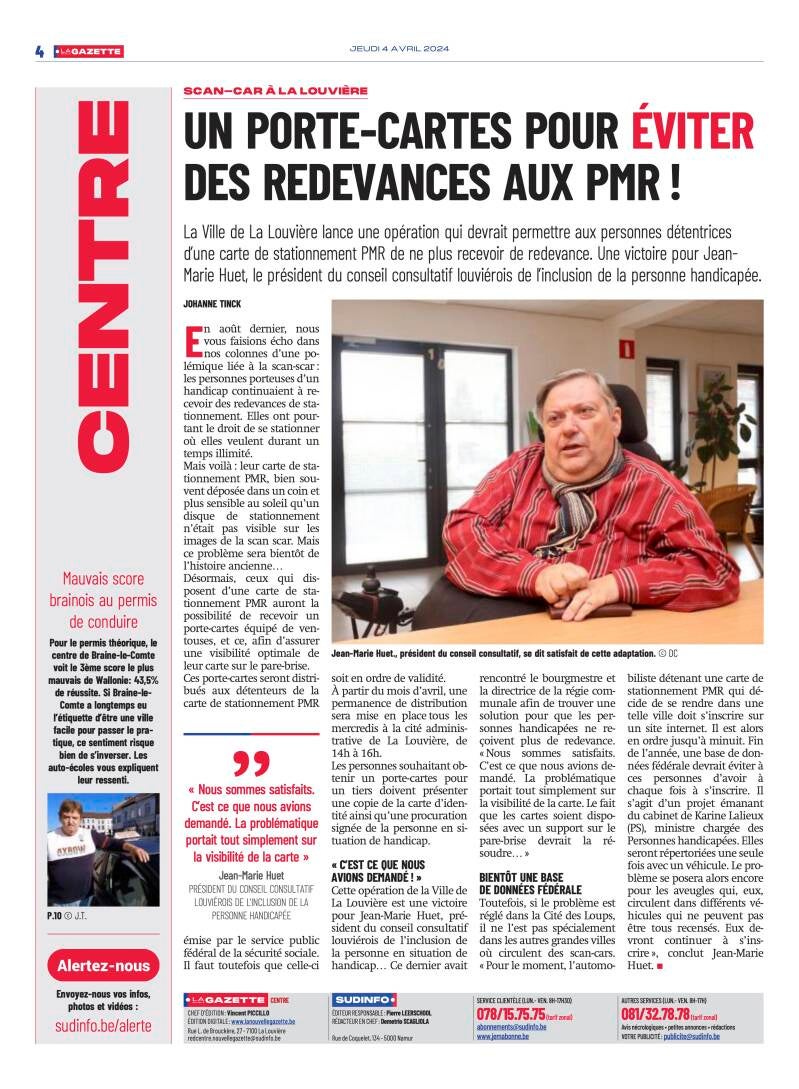 Article de La Louvelle Gazette concernant le porte-carte PMR pour les véhicules
