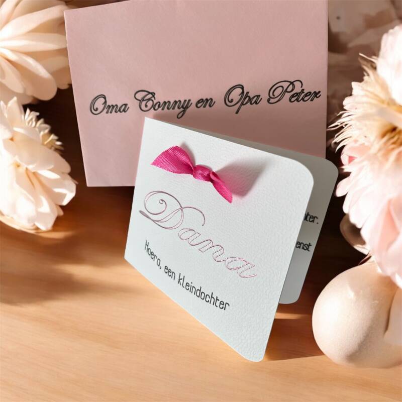 felicitatiekaartje naam kind in foil  incl. kleurenstrikje