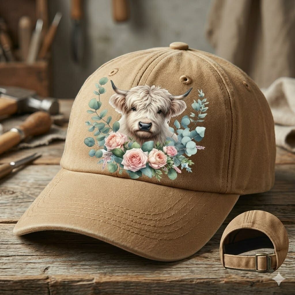 Highland cow with pink flowers
