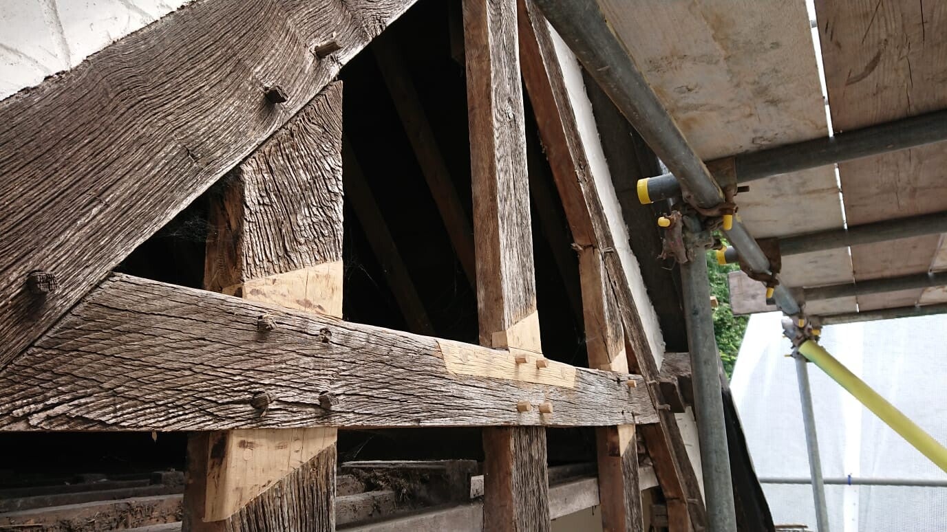 Traditonal timber frame repairs carried out on a grade 2 listed timber frame in Cheshire East.