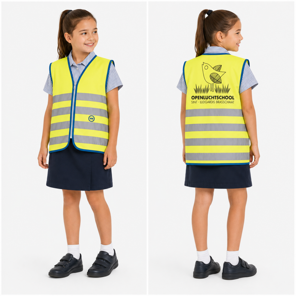 Fluo hesje met rits en bedrukking van onze school op de achterzijde