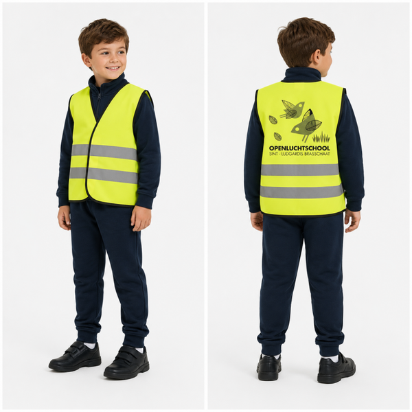 Fluo Hesje met velcro - bedrukking van onze school op achterzijde