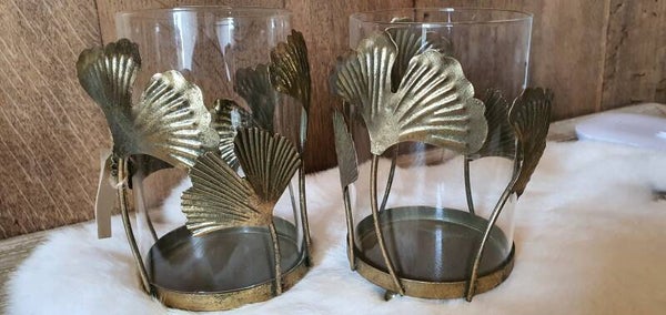 Set windlichten met messing bladeren