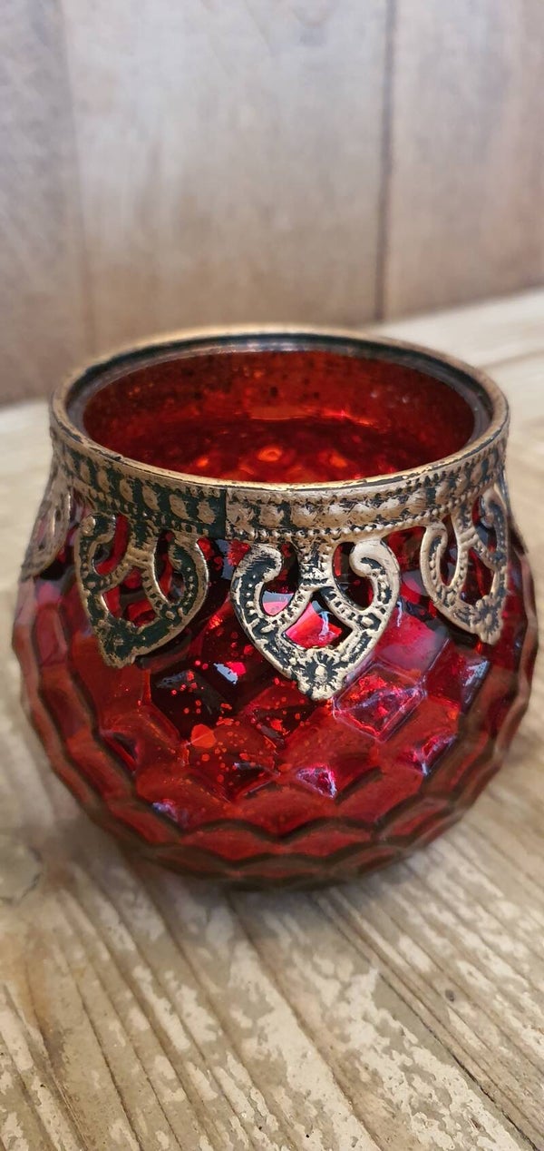 Theelicht Rood met messing rand