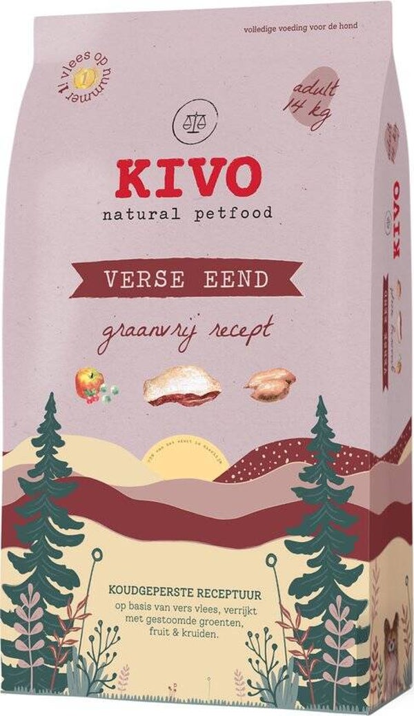 Kivo Petfood Hondenbrokken Verse Eend Koudgeperst Graanvrij 14kg