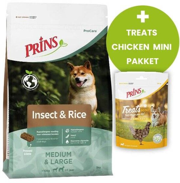 Prins ProCare Insect & Rice 20kg met GRATIS treats chicken mini