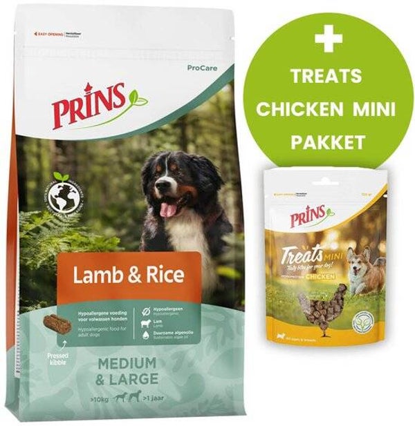 Prins ProCare Lamb & Rice 20kg met GRATIS treats chicken mini