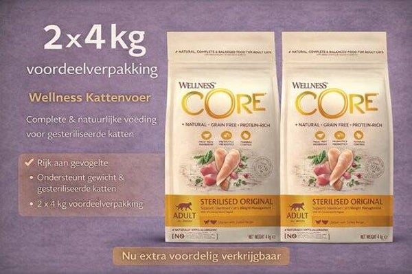 Wellness core dry cat sterilised original chicken&turkey 2x4kg Voordeelverpakking