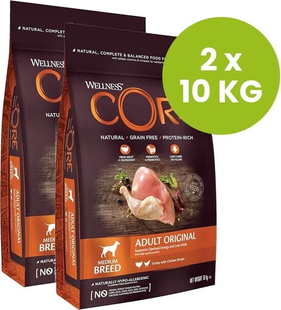 Wellness core Grain Free Dog Original Kalkoen/kip 2x10kg Voordeelverpakking