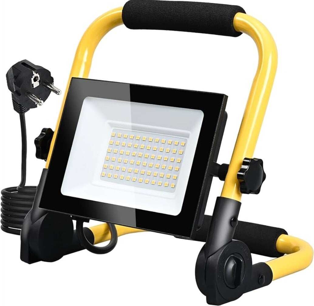 Led Baustrahler 50W 6000K 4250LM Kaltweiß, Led Arbeitsleuchte mit Stecker, IP66 Wasserdicht