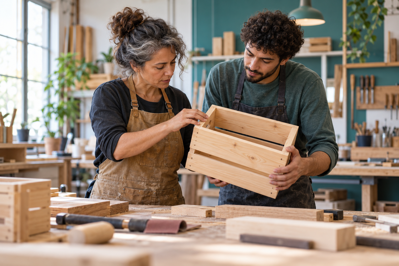 Illustratief beeld van twee makers die samen een houten krat controleren.