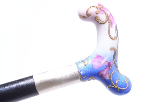 ANTIQUE CANE WALKING STICK PORCELAIN HANDLE FLORAL & GOLD DESIGN 77.5CM 30.51”