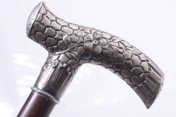 ANTIQUE CANE WALKING STICK SILVER HALL MARKED FLORAL HANDLE 90CM 35.43”