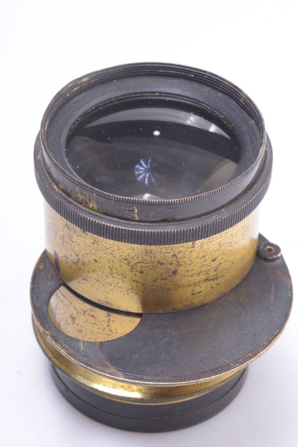 BRASS ANTIQUE LENS FIELD OR STUDIO CAMERA APPROX. 250MM COVERS 4X5, 5X7