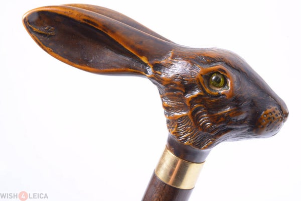 ANTIQUE CANE WALKING STICK HARE SCULPTED RESIN HANDLE GILDED RING BEECH SHAFT