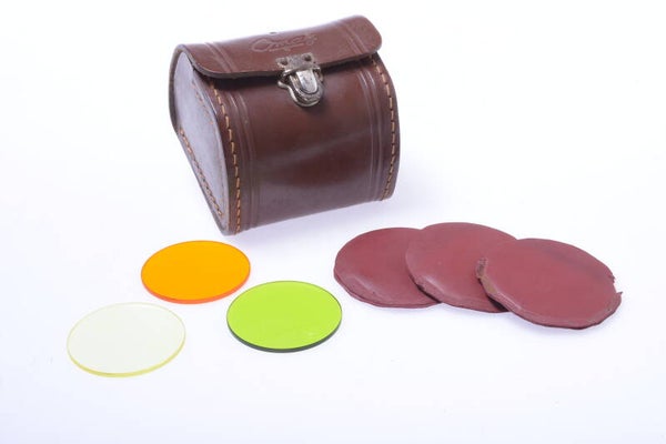 OMAG YELLOW, GREEN, ORANGE 35MM FILTER GENUINE LENS LAY IN W/ LEATHER CASE 37-4