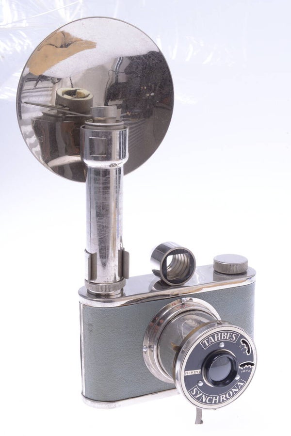 TAHBES SYNCHRONA 120 FILM NICKEL PLATE CAMERA ALBADA FINDER FLASH 75MM LENS