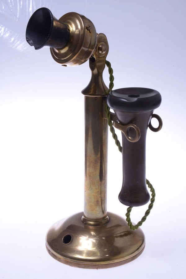 ANTIQUE PHONE, TELEPHONE CANDLESTICK TYPE BRASS & BAKELITE 30CM, 11.8" TALL